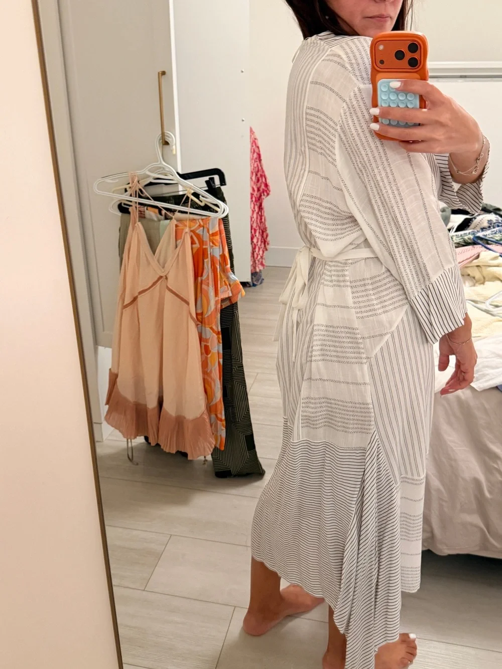 Zara White and Gray Striped Swim Cover-Up Wrap